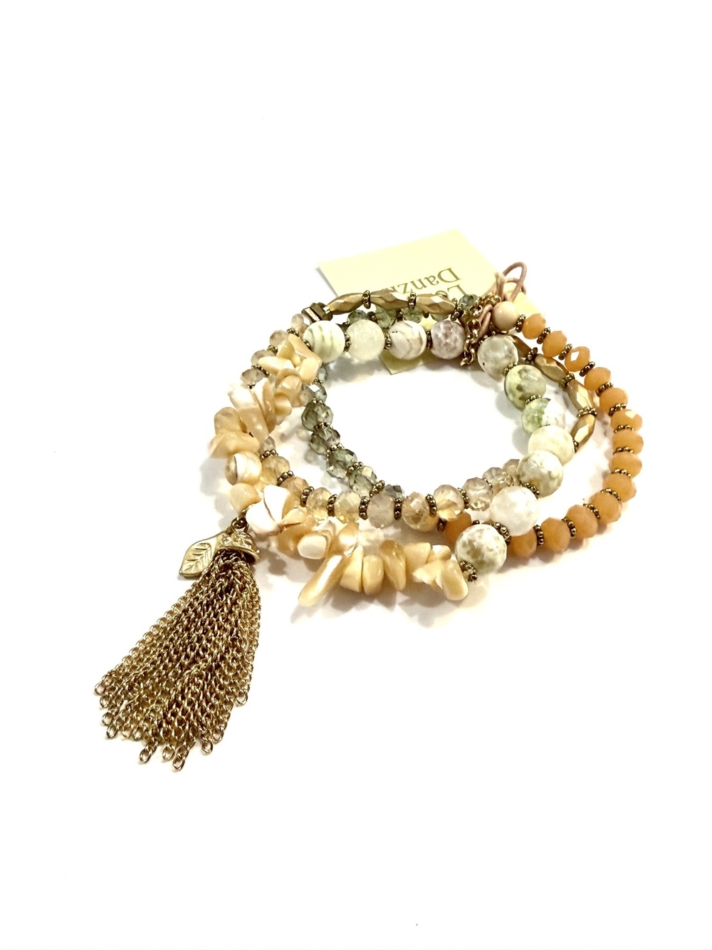 Leslie Danzis Beaded Tassel Stretch Bracelet Orange & Gold | NWT